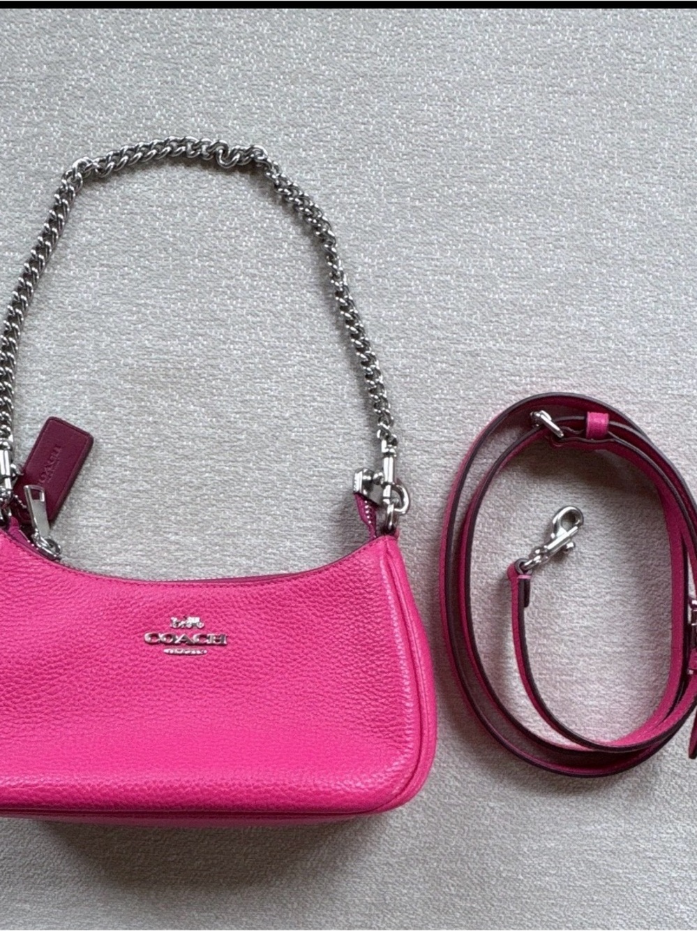 WORN ONCE - Coach Hot Pink Leather Mini with Silver Chain & Crossbody
